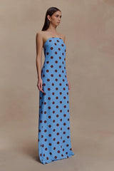 Amaya Strapless Chiffon Maxi Dress - Blue Polka Dot