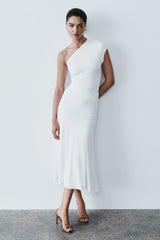 Chloe Peached Jersey One Shoulder Midi Dress - Ivory