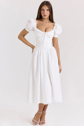 Lulabell-White Stretch Cotton Puff Sleeve Midi Dress