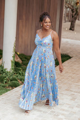 Naira Pleated Maxi Dress - Cornflower Blue Floral