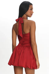 Angelico Halterneck Balloon Mini Dress Wine