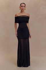 Caspian Slinky And Mesh Off Shoulder Maxi Dress - Black