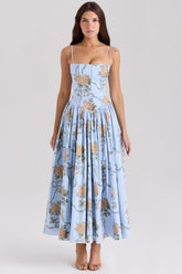Ysabella-Blue Vintage Rose Print Cotton Midi Sundress