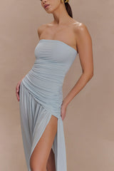 Bex Strapless Slinky Maxi Dress With Split - Pale Blue