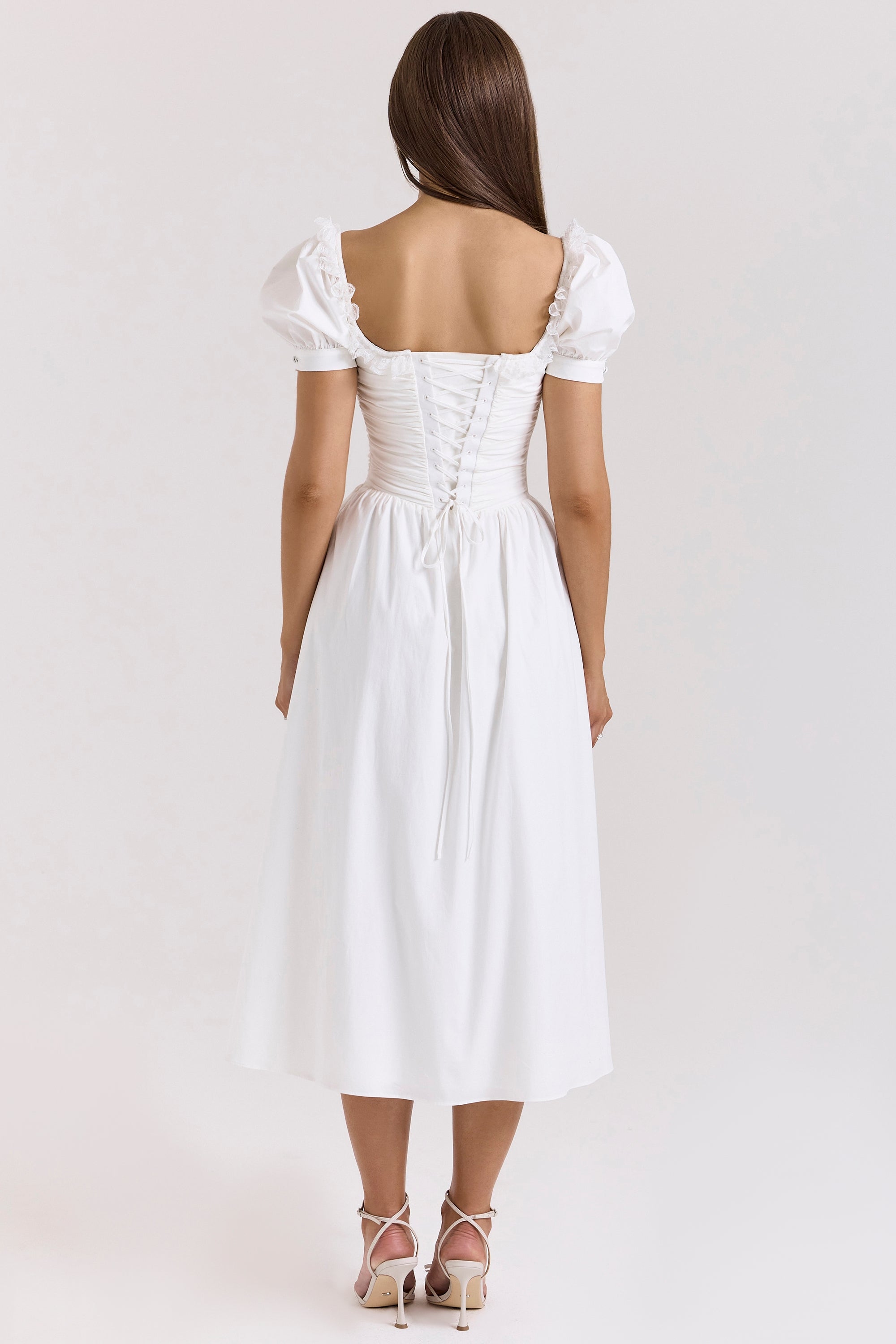 Lulabell-White Stretch Cotton Puff Sleeve Midi Dress