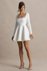 Astonish | White Long-Sleeve Embellished Square-Neck Mini Dress With Volume Skirt