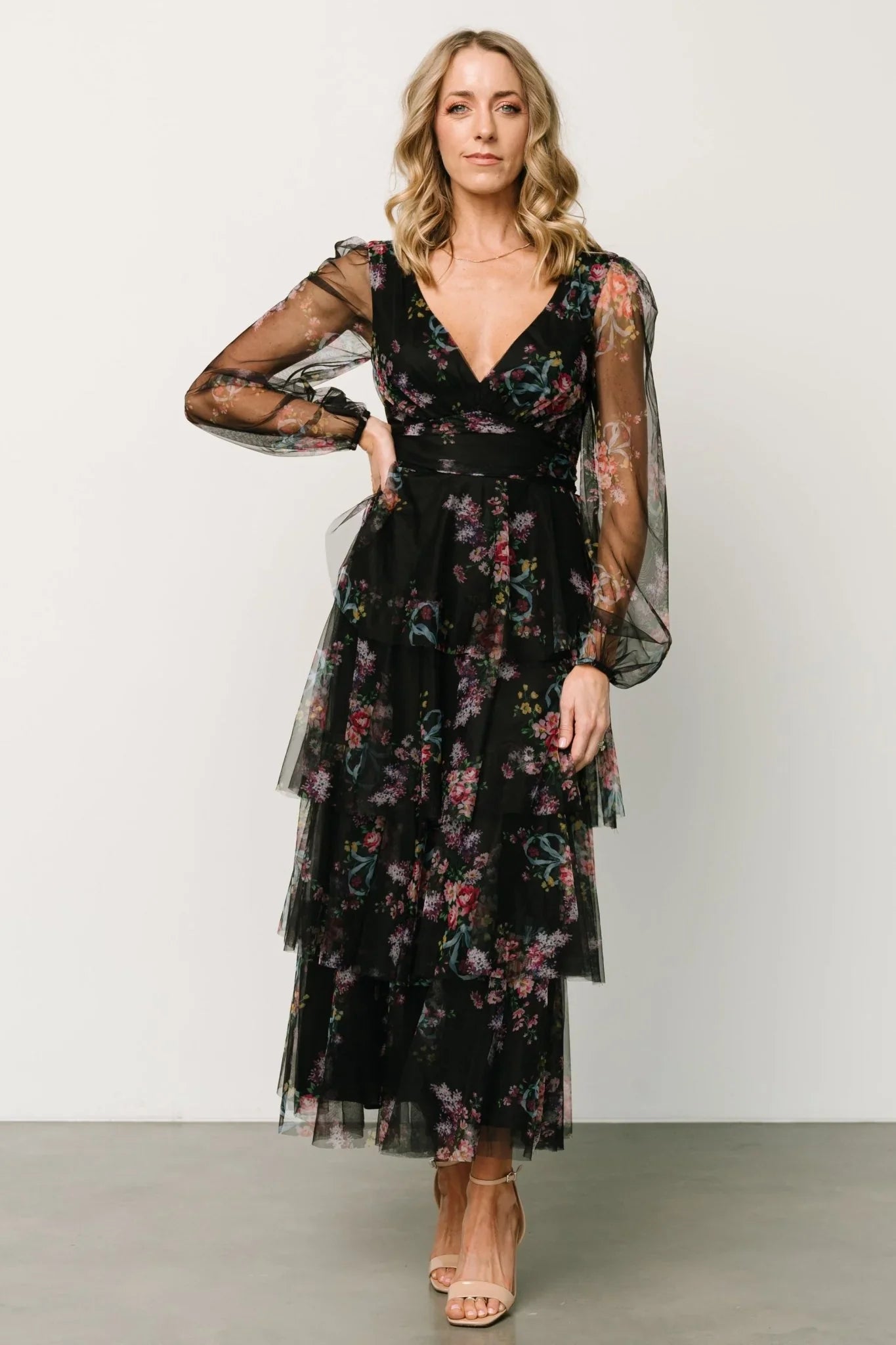 Carolina Tulle Tiered Maxi Dress | Black Floral