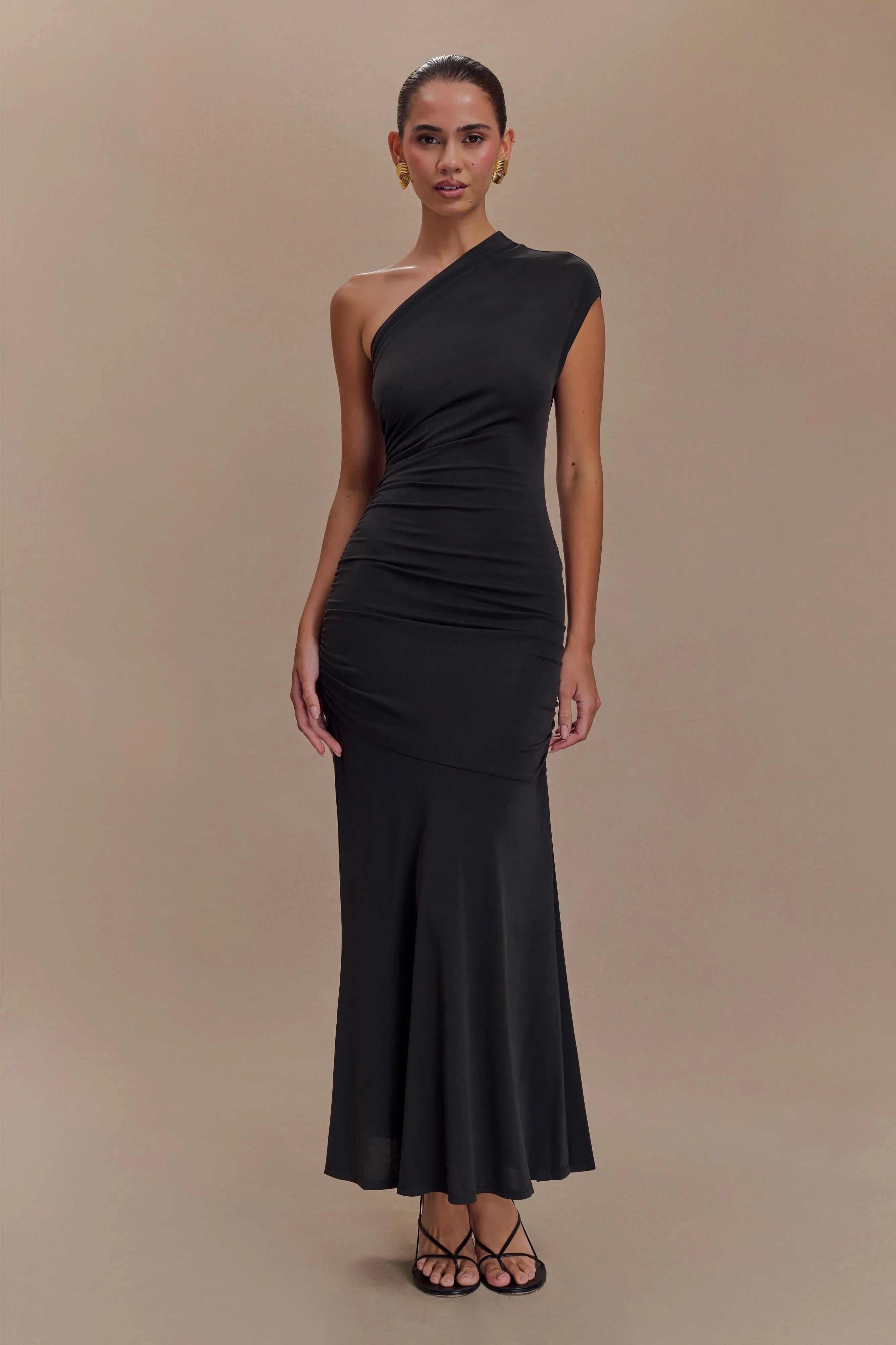 Chloe Peached Jersey One Shoulder Midi Dress - Black