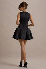 Bramble | Black Satin Square-Neck Puffball Mini Dress