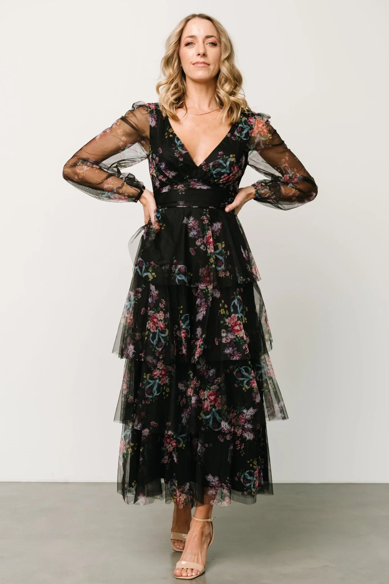 Carolina Tulle Tiered Maxi Dress | Black Floral