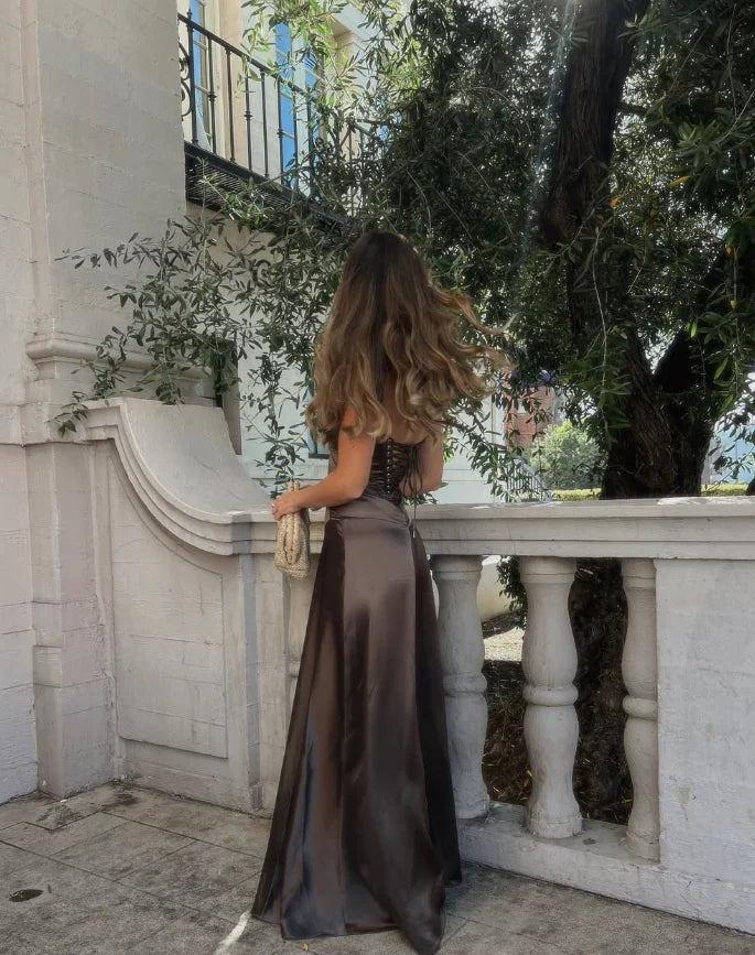 Simple Brown Spaghetti Straps A Line Prom Dress Party Dress SH1379
