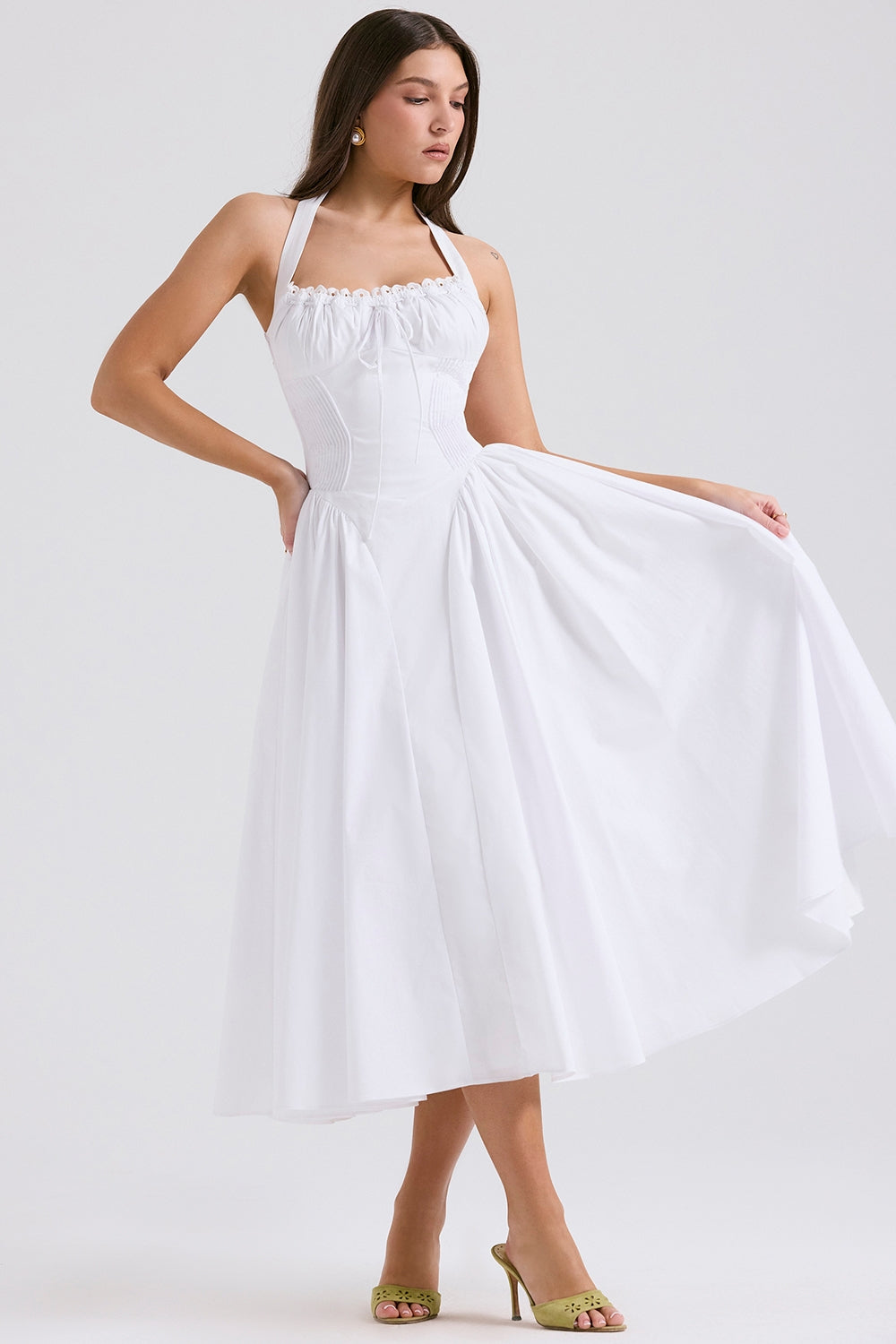 Adabella-White Cotton Halter Sundress