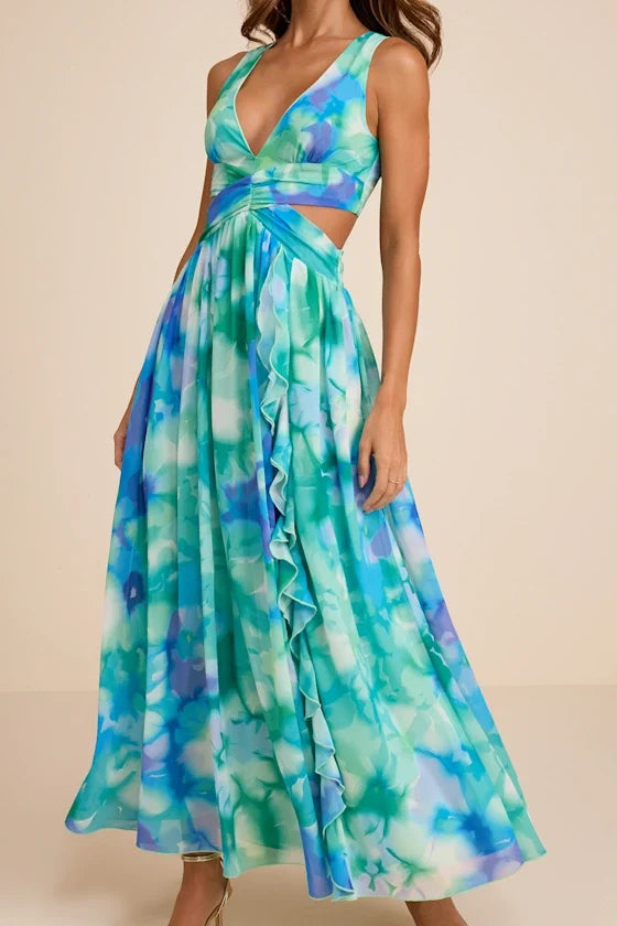 Elisanna Teal Multi Floral Lace-Up Midi Dress