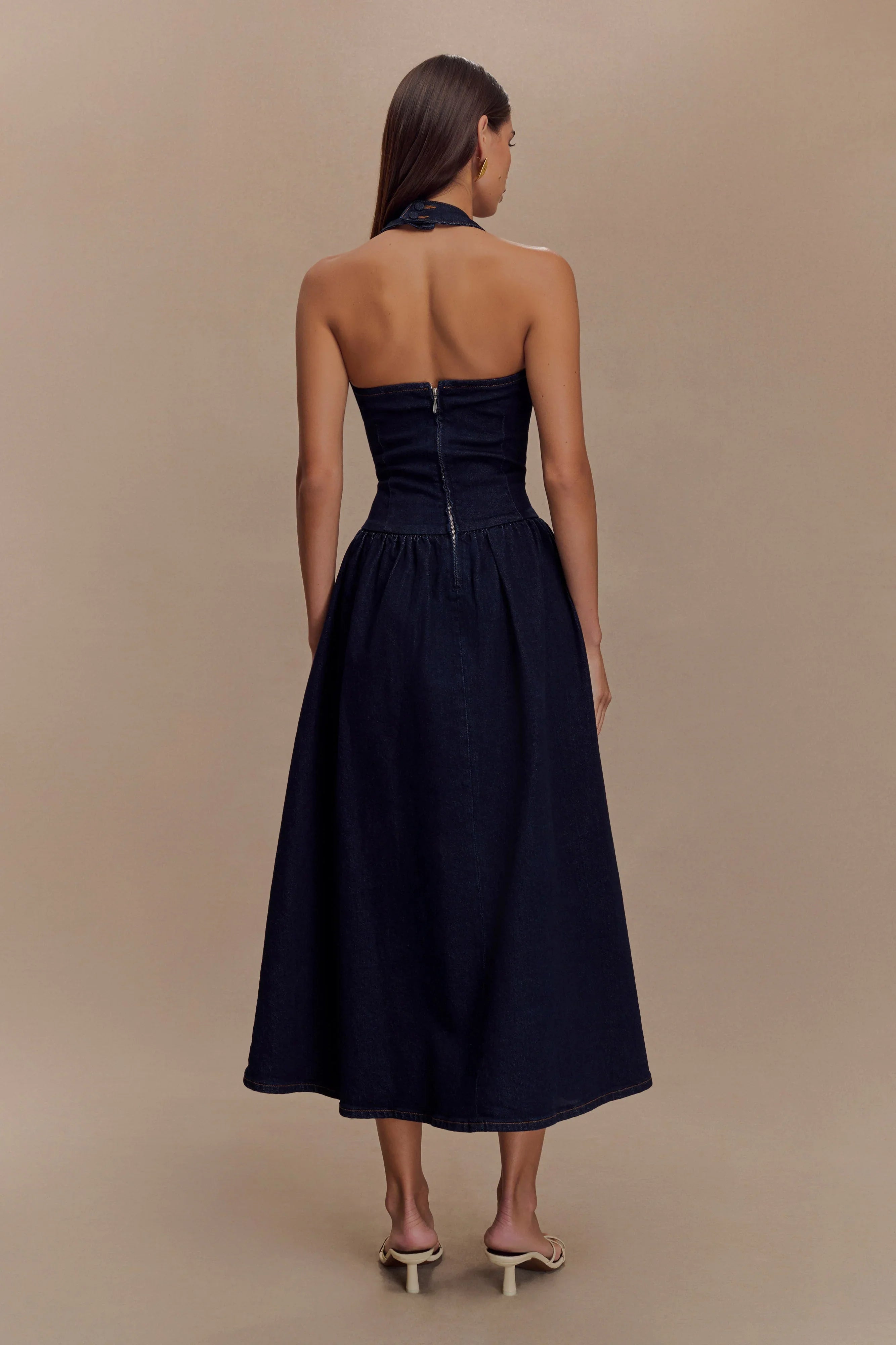 Caroline Denim Halter Midi Dress - Indigo Blue