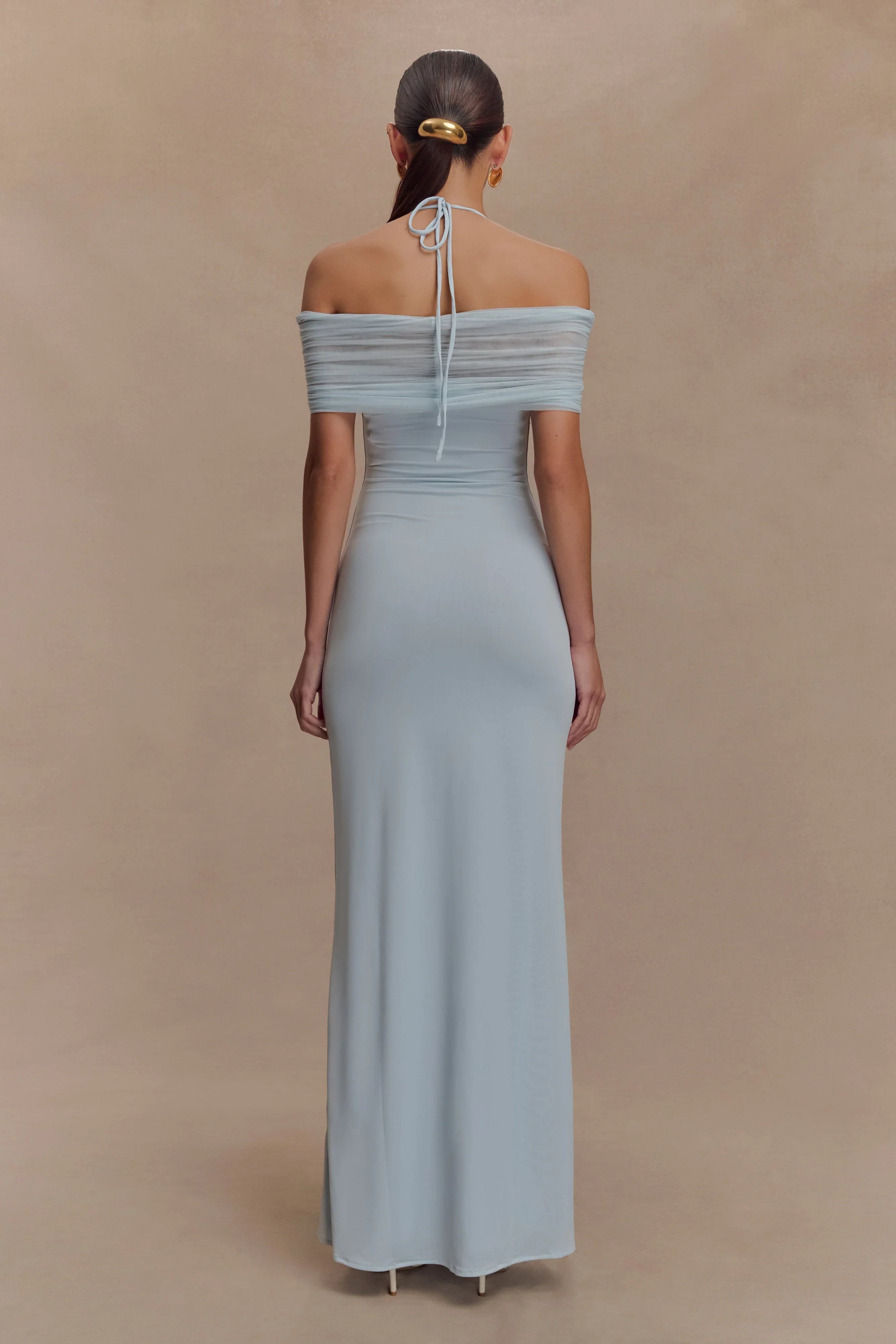 Bernadina Mesh And Slinky Halter Maxi Dress - Pale Blue