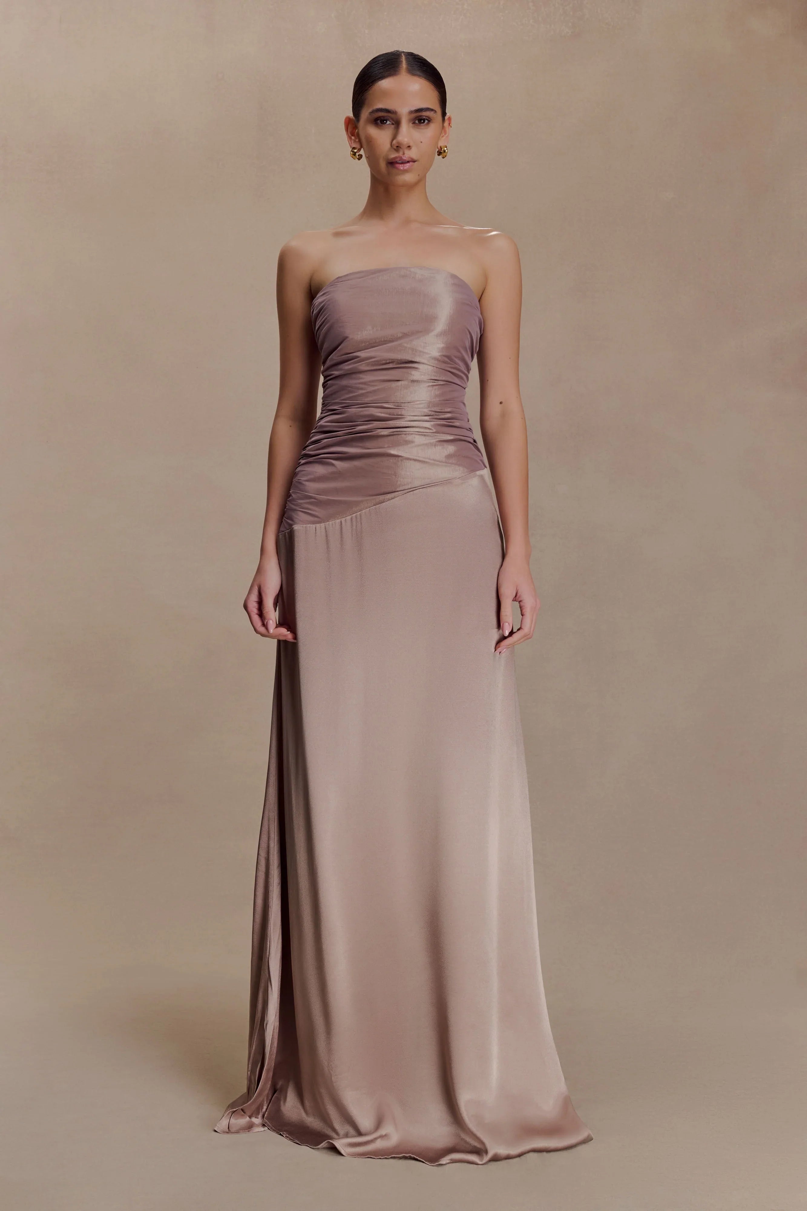 Serena Strapless Taffeta Maxi Dress - Bronze Taupe