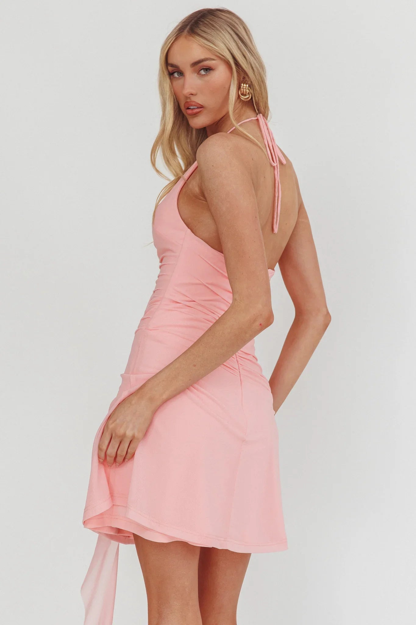 Belize Nights Ruffle Trim Halter Neckline Mini Dress Pink