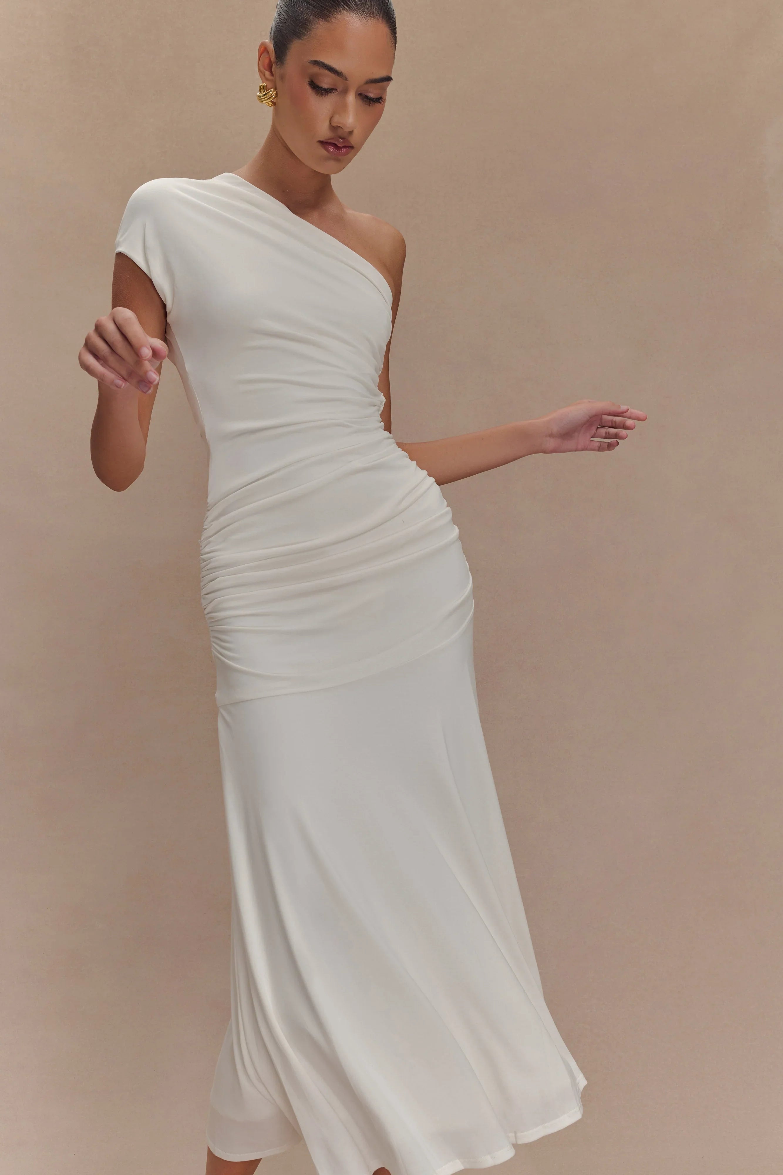 Chloe Peached Jersey One Shoulder Midi Dress - Ivory