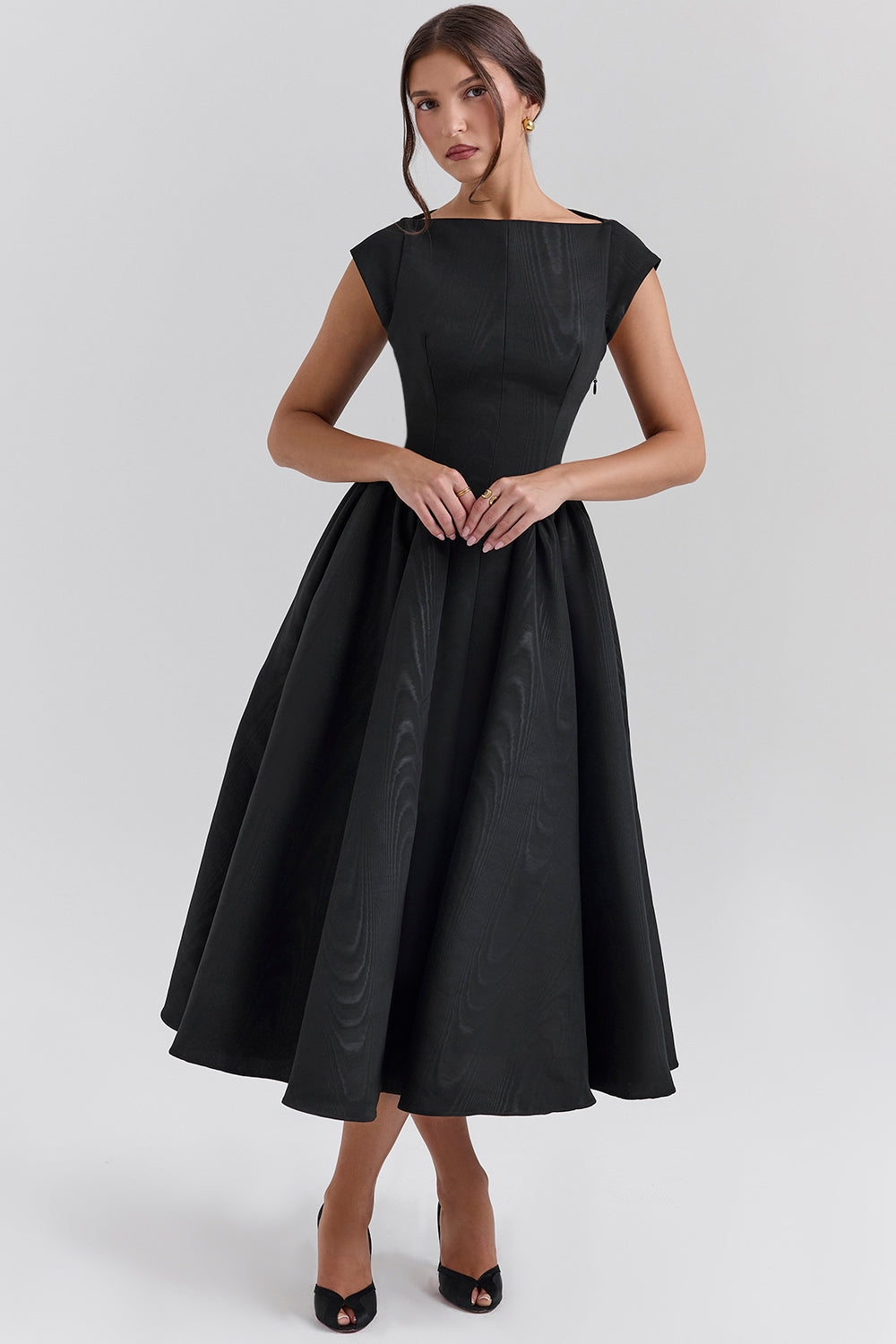 Debutante-Black Moire Satin Backless Midi Dress