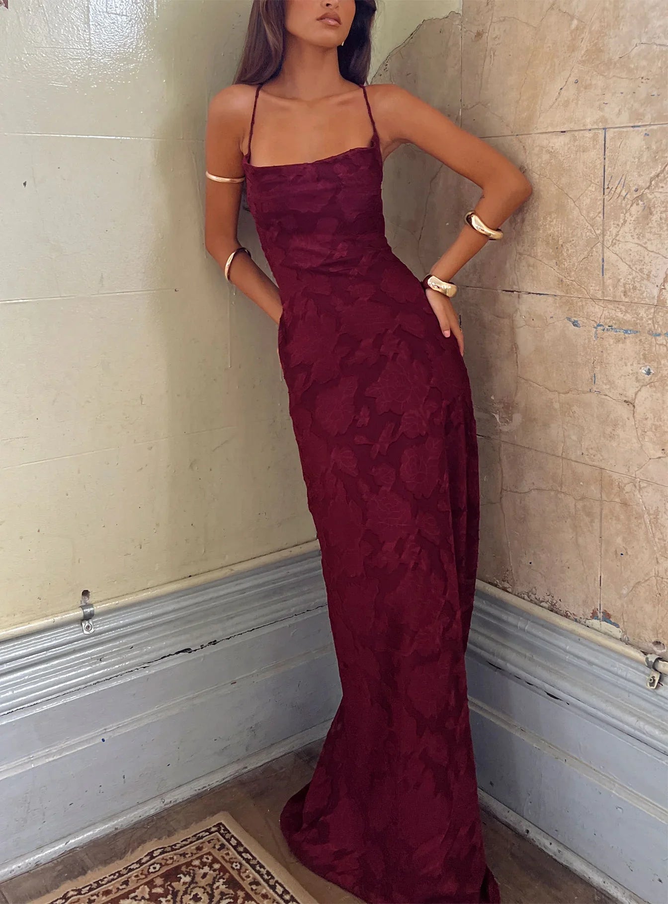 Celena Maxi Dress Burgundy Burnout