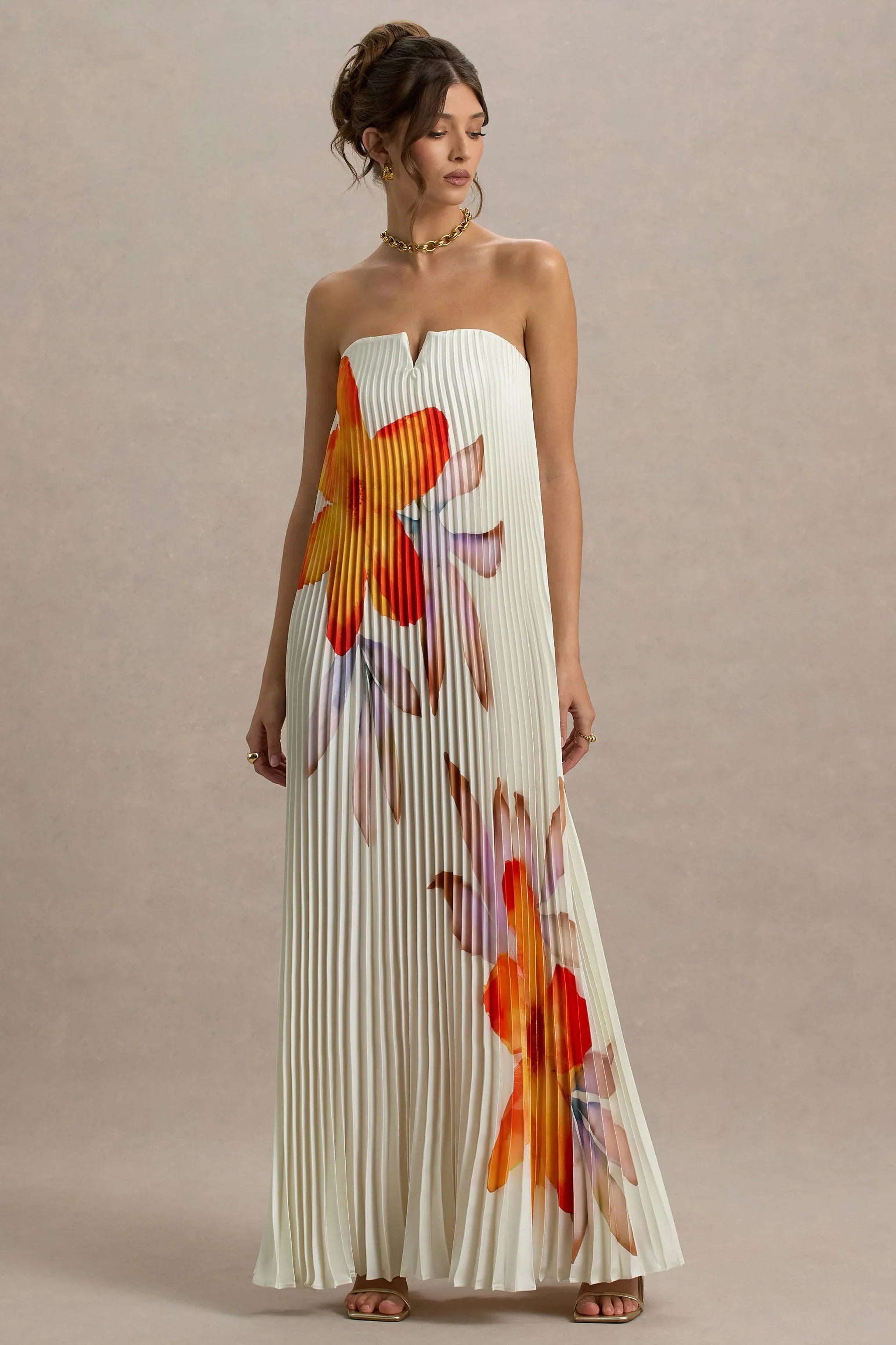 Bergamot | Orange Floral Satin Sweetheart Maxi Dress