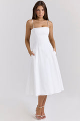 Dolly-White Stretch Cotton A-Line Midi Sundress