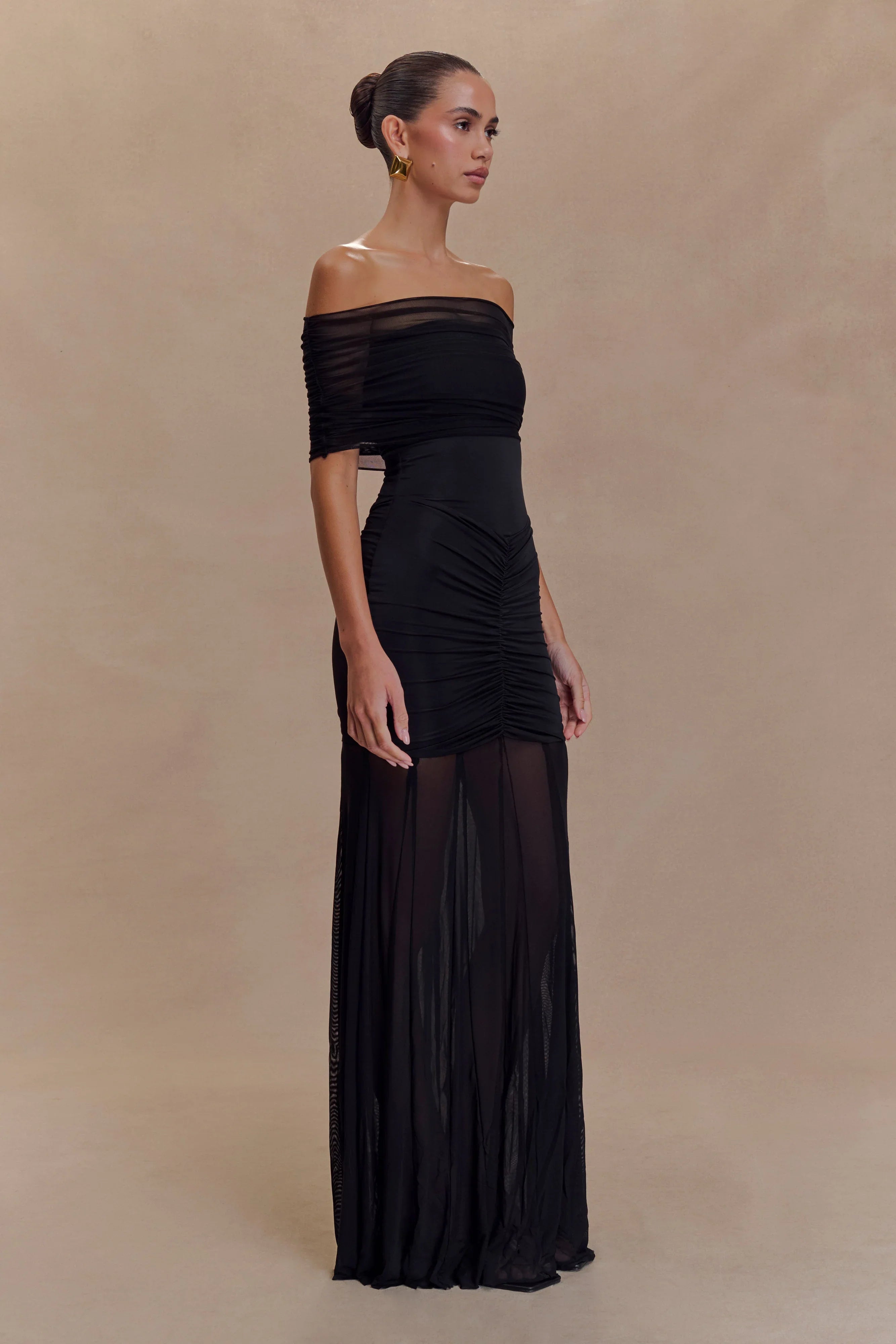 Caspian Slinky And Mesh Off Shoulder Maxi Dress - Black
