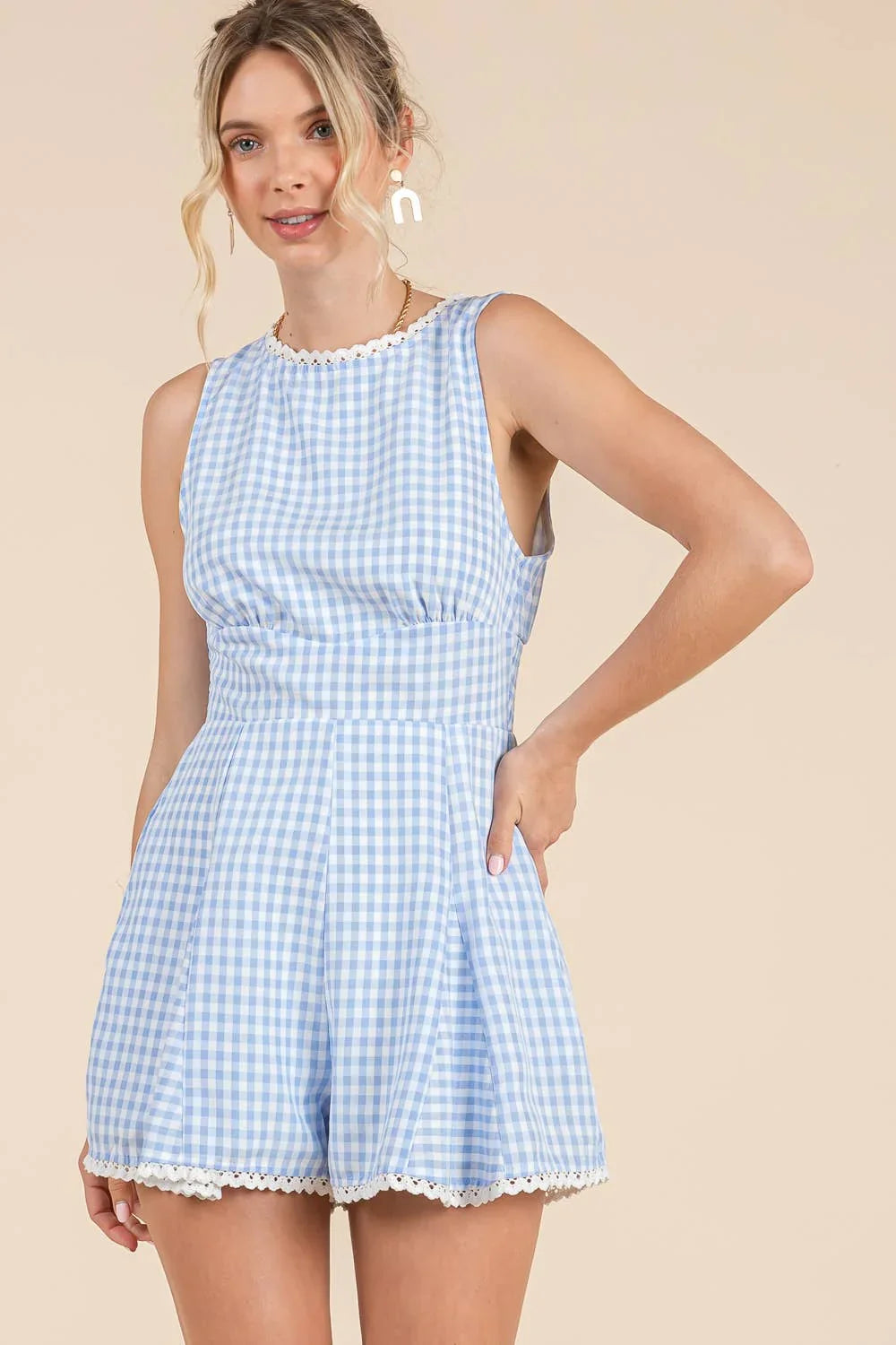 Blue Gingham Lace Romper