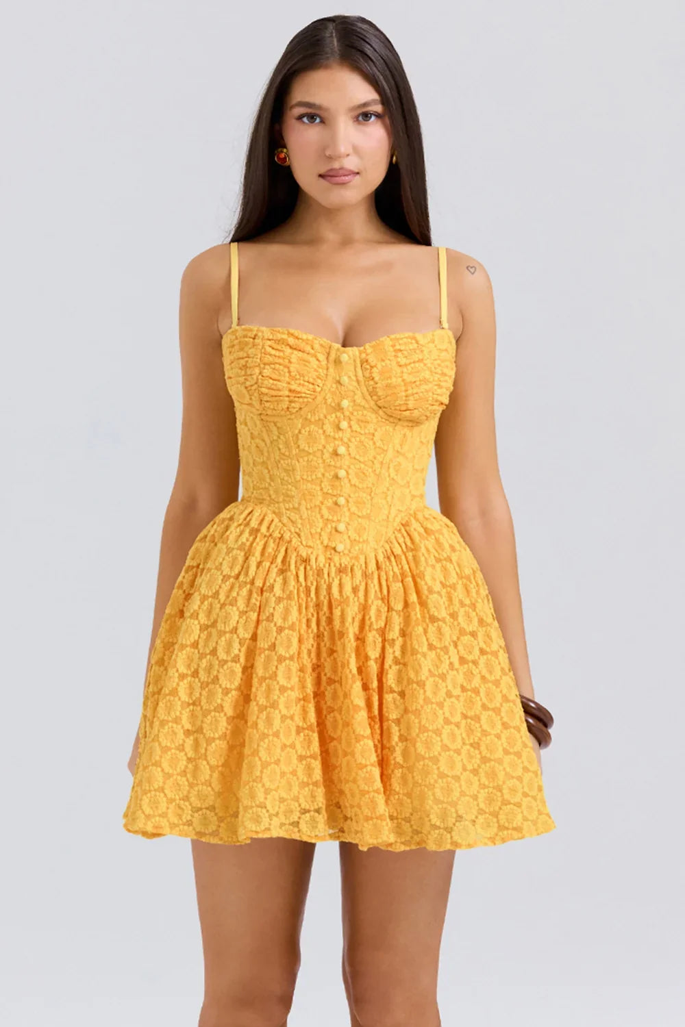 Apricot Lace Corset Mini Dress - Yellow