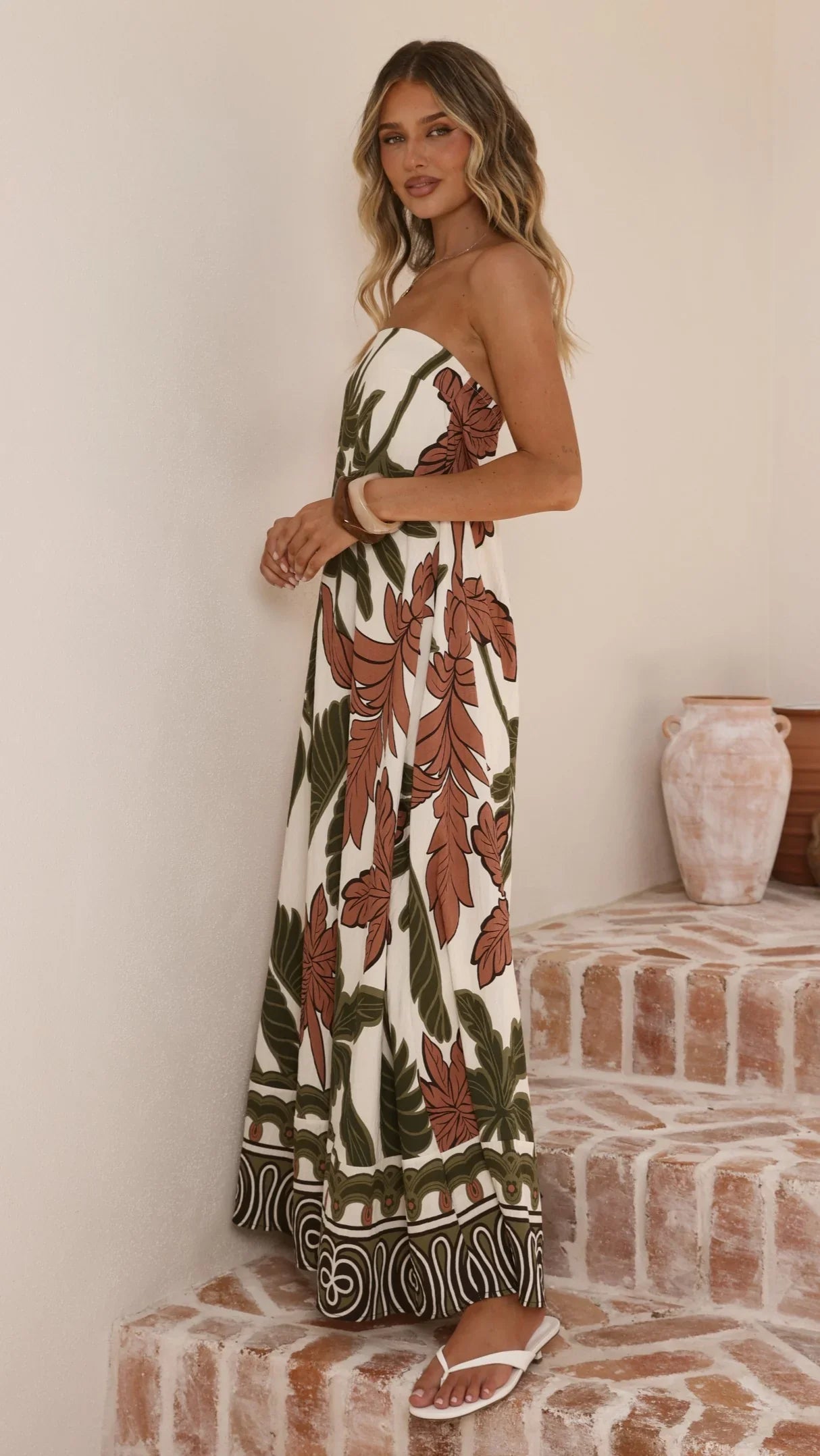 Connie Maxi Dress - Green/Beige Palm