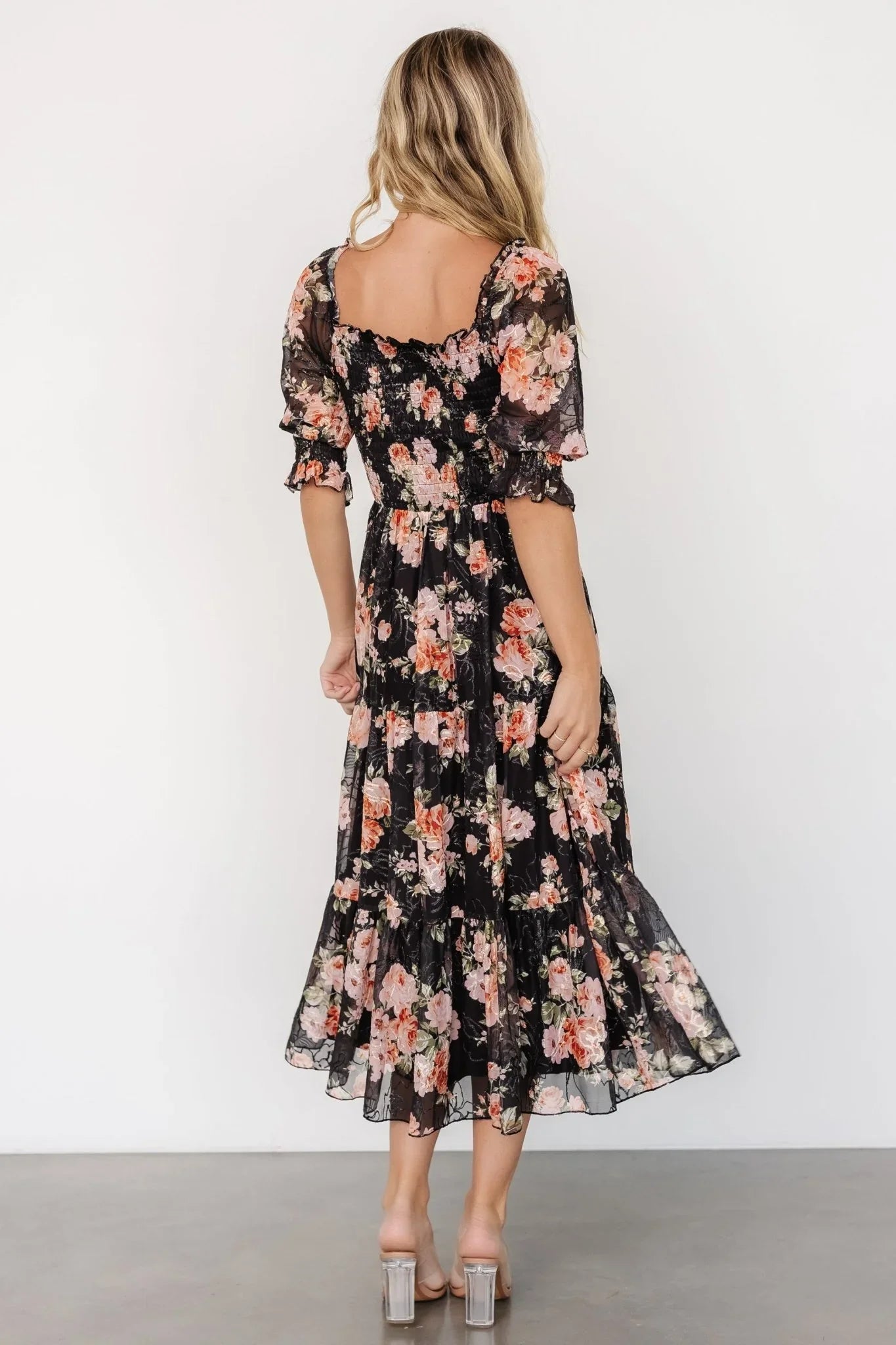 Fabian Jacquard Midi Dress | Peach + Black Floral