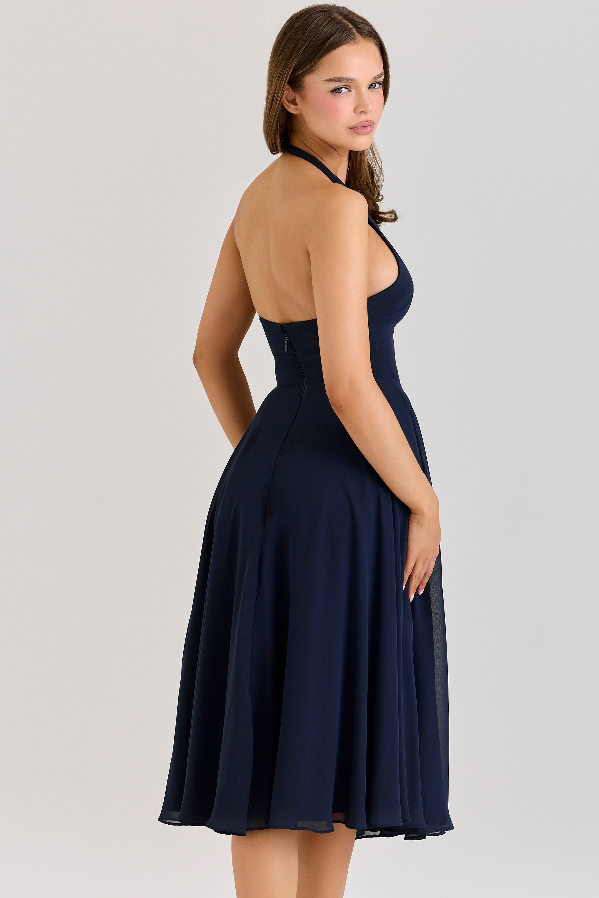 Solada-Navy Georgette Halter Midi Dress