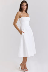 Dolly-White Stretch Cotton A-Line Midi Sundress