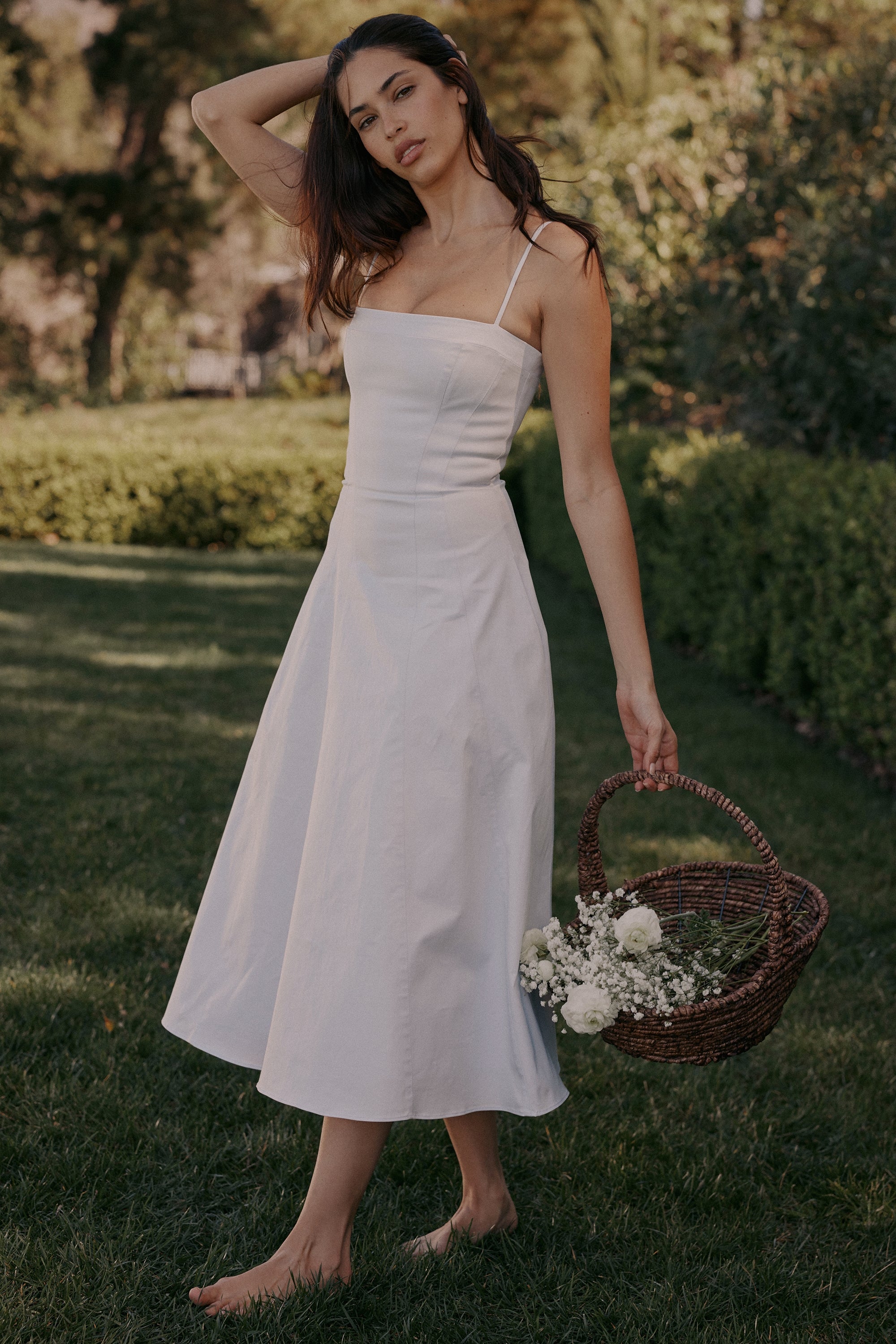 Dolly-White Stretch Cotton A-Line Midi Sundress