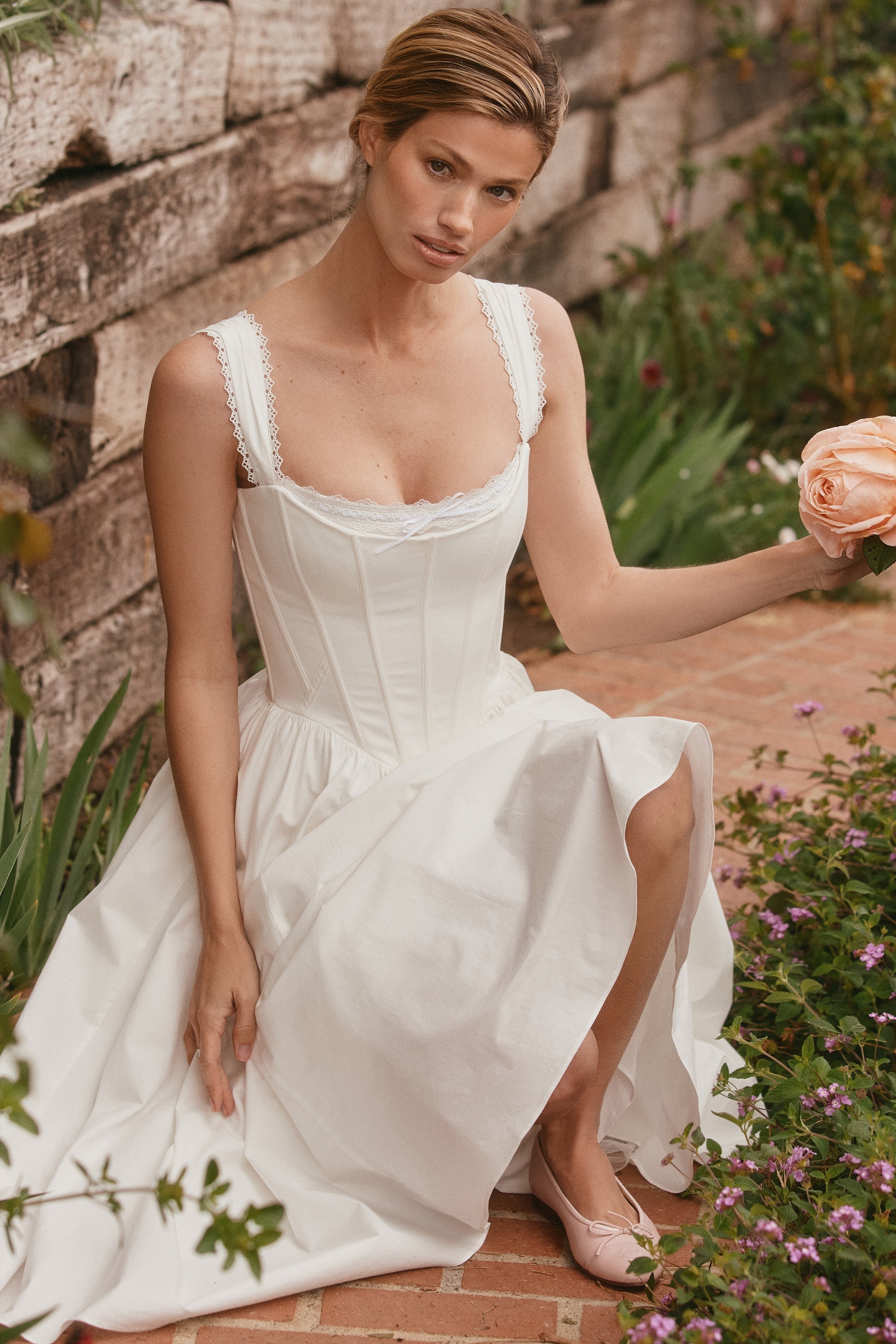 Amara-White Stretch Cotton Corset Midi Dress