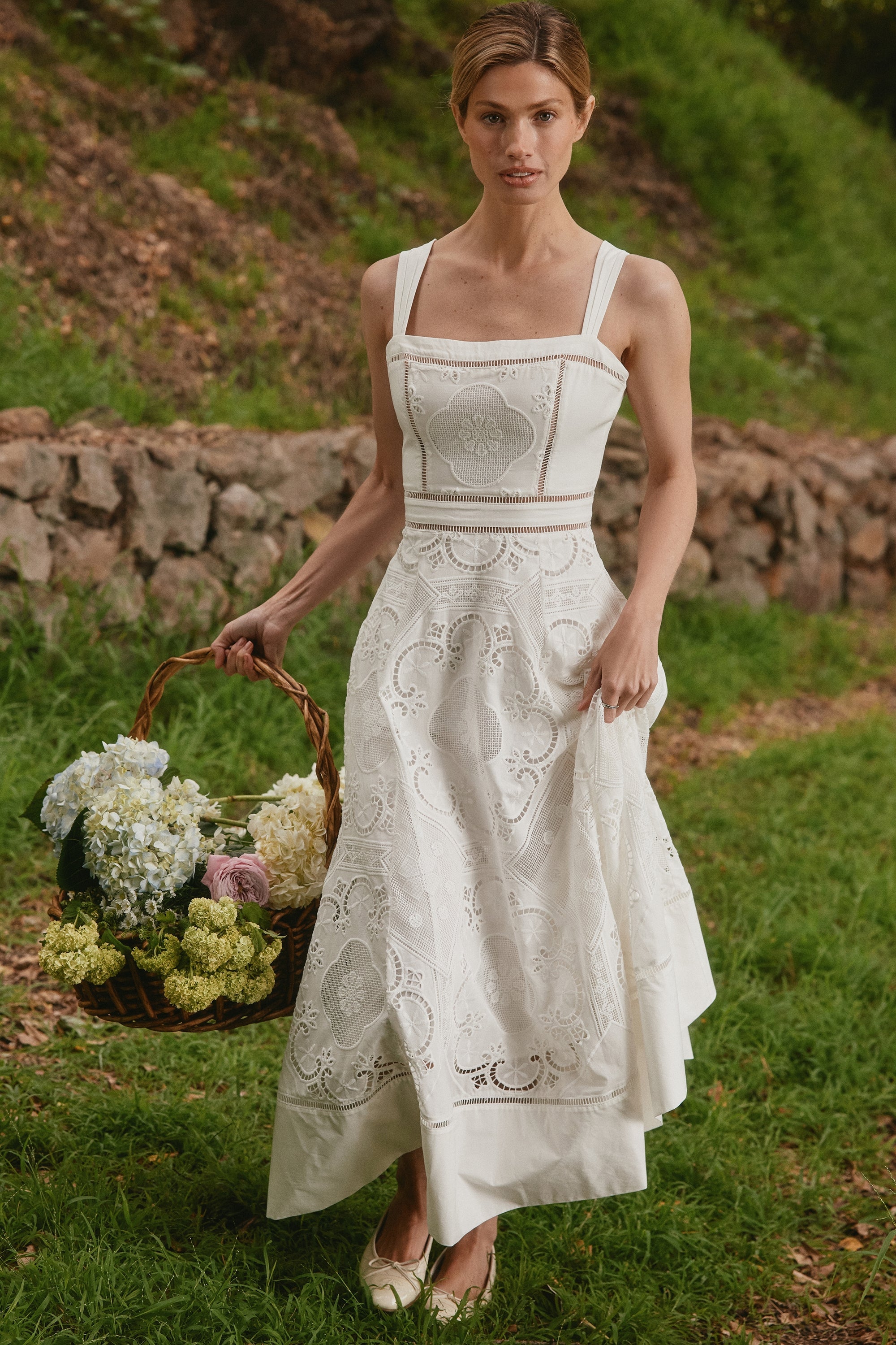 Ava-White Stretch Cotton Broderie Anglaise Midi Dress