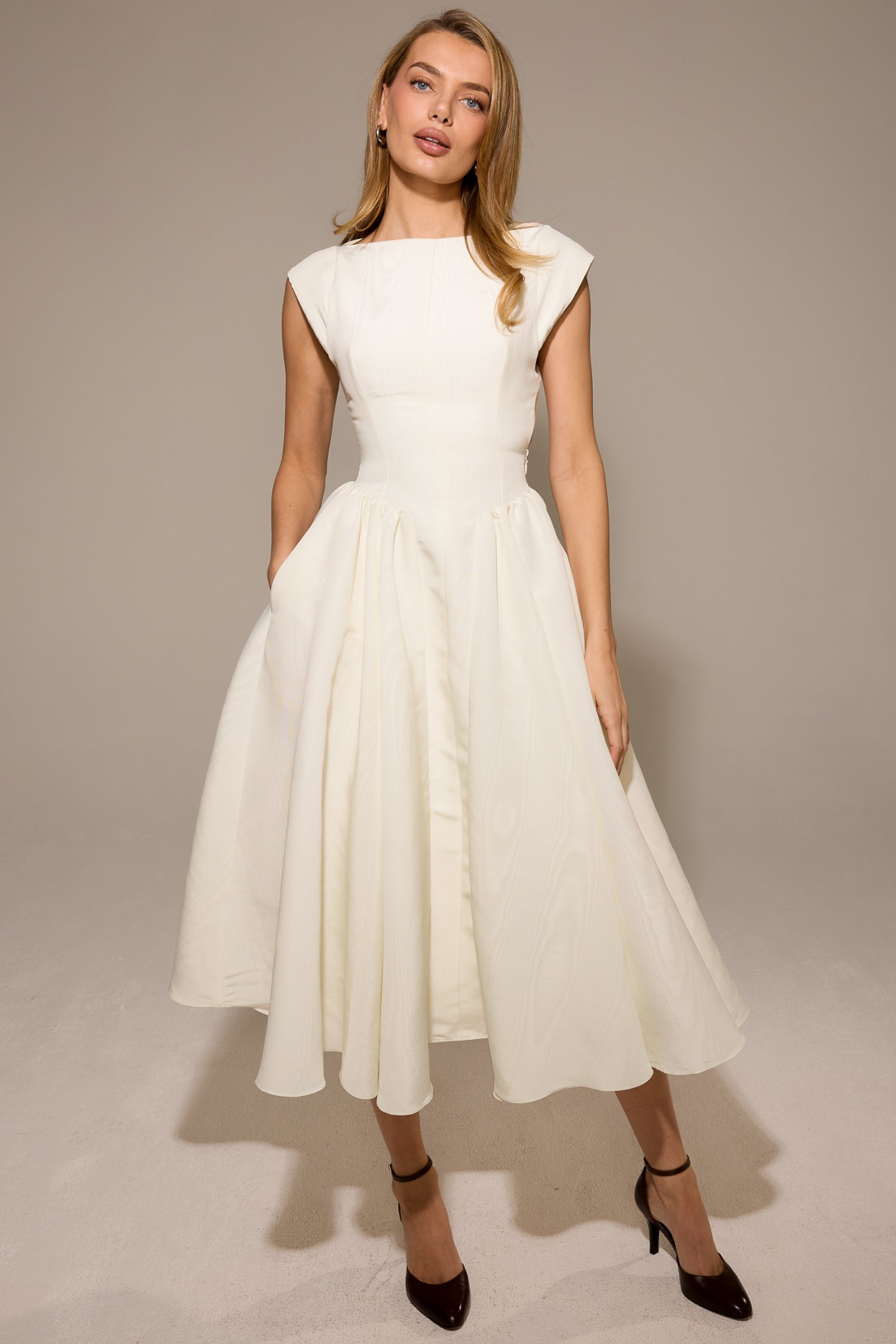 Debutante-Ivory Moire Satin Midi Dress