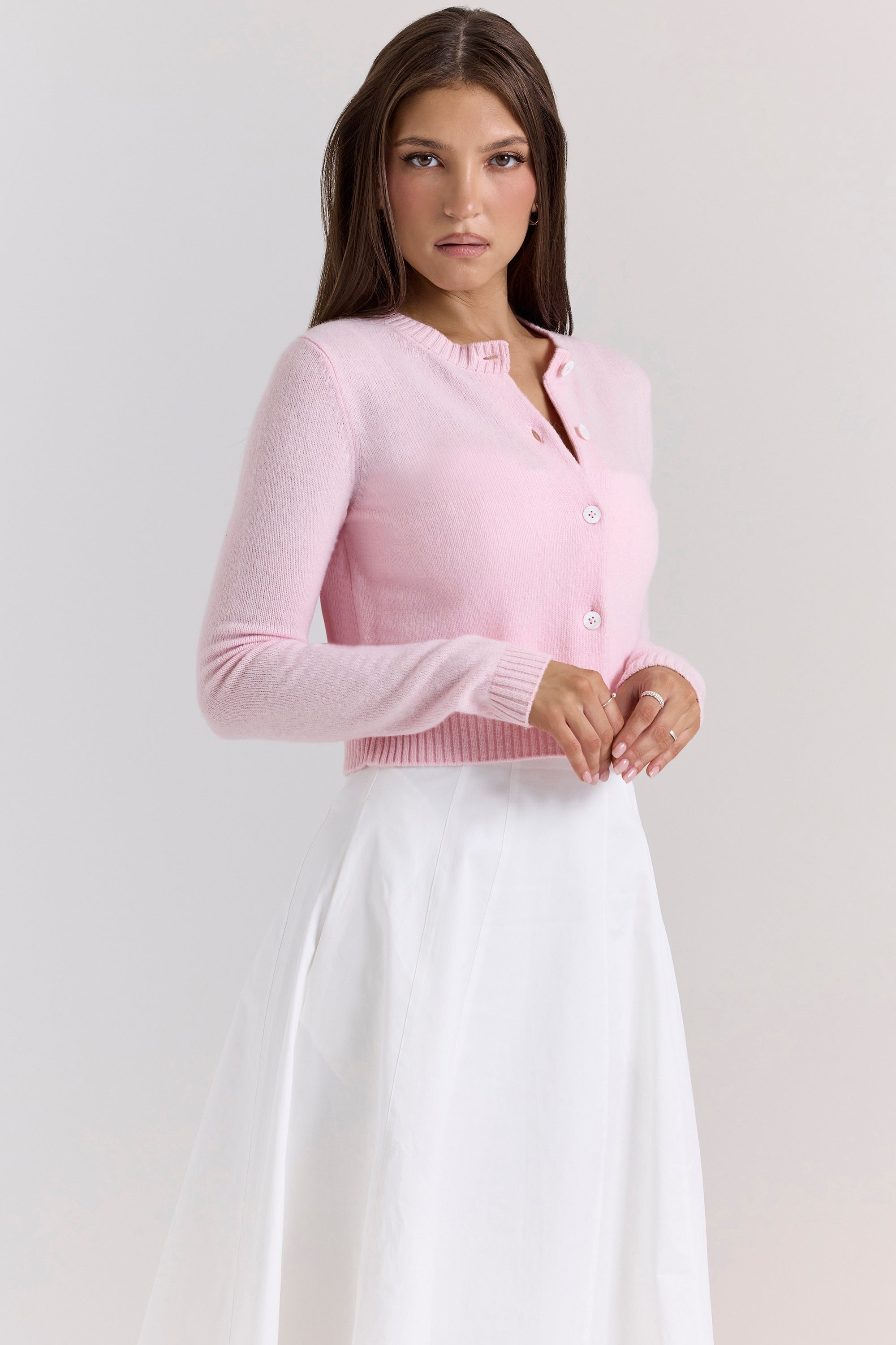 Alliana-Pink Cropped Wool Cardigan