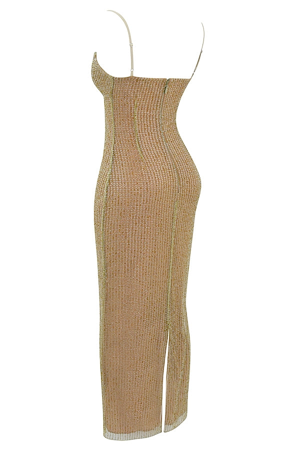 Alondra-Cafe Au Lait Beaded Maxi Dress - Limited Edition
