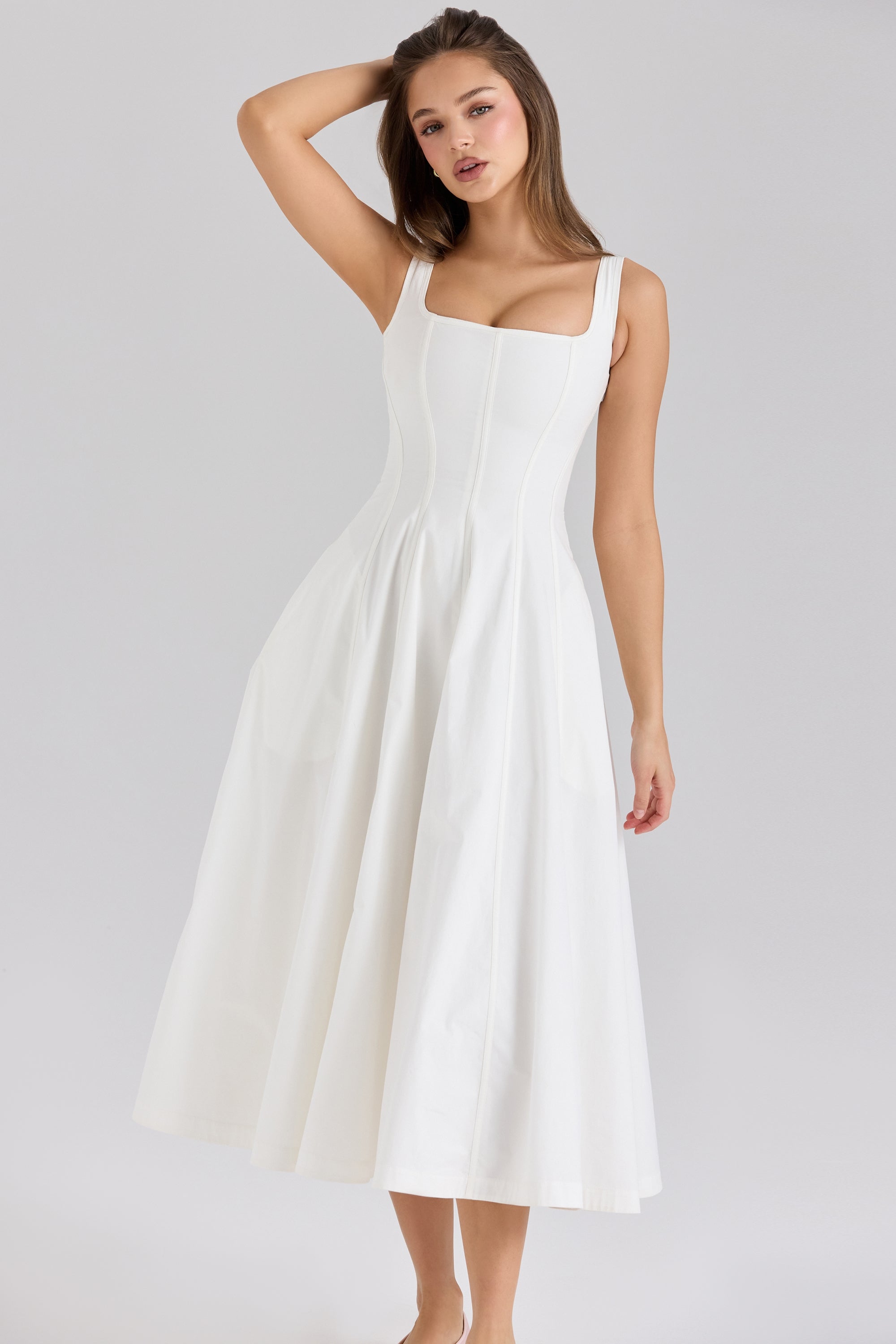 Mariabella-White Stretch Cotton Midi Sundress