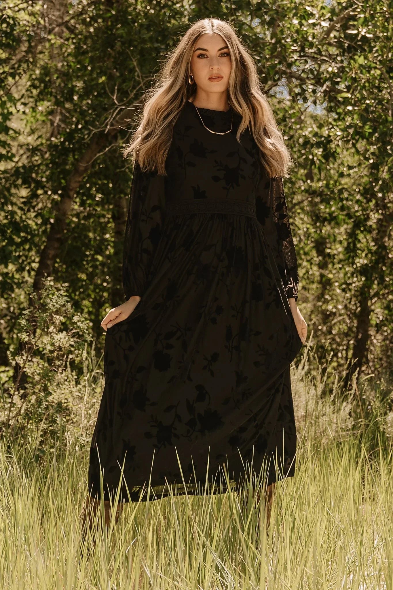 Christine Velvet Embossed Midi Dress | Black