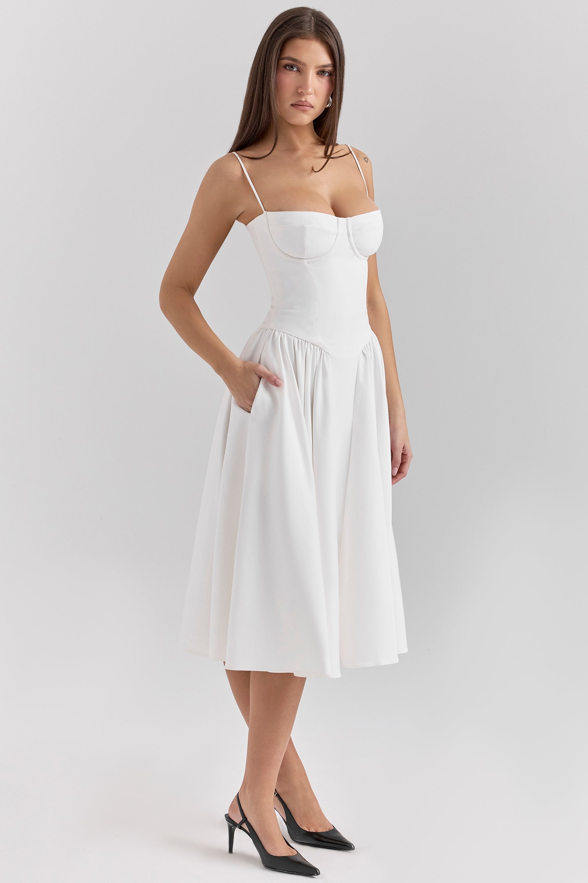 Samaria-White Corset Midi Dress