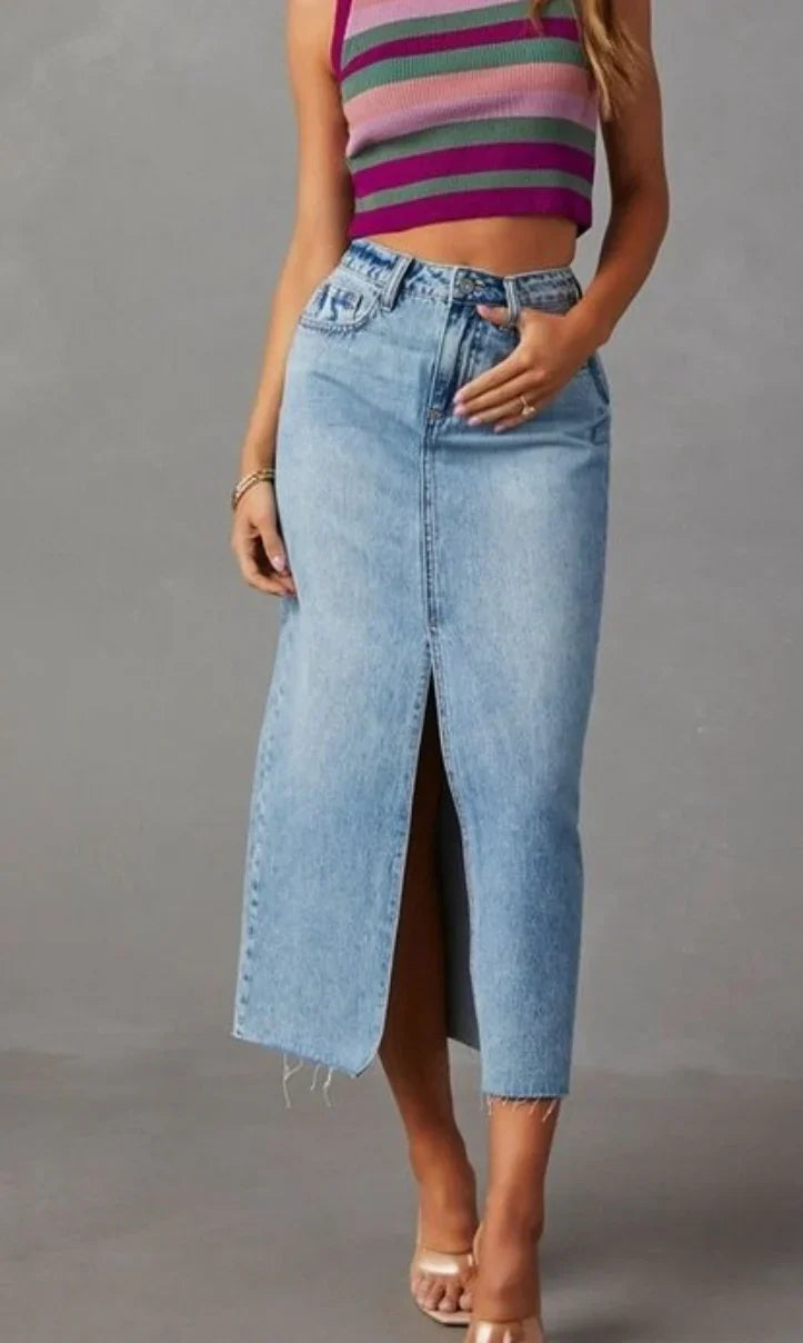 A-line denim mid-length skirt