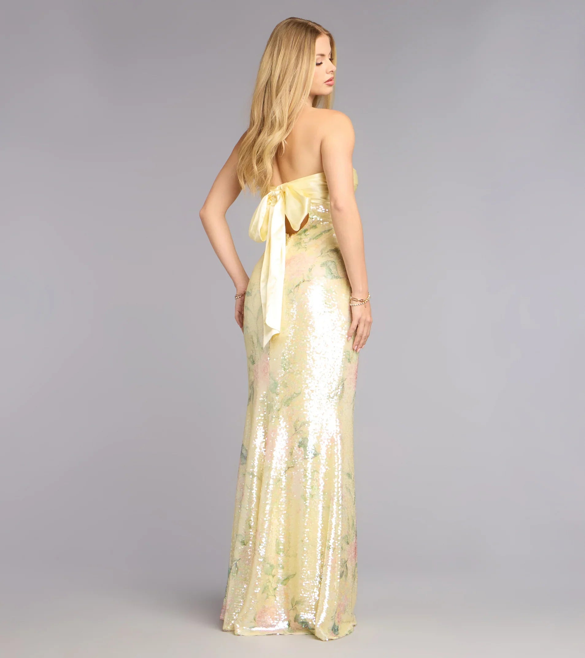 Angelina Satin Tie-Back Floral Sequin Formal Dress