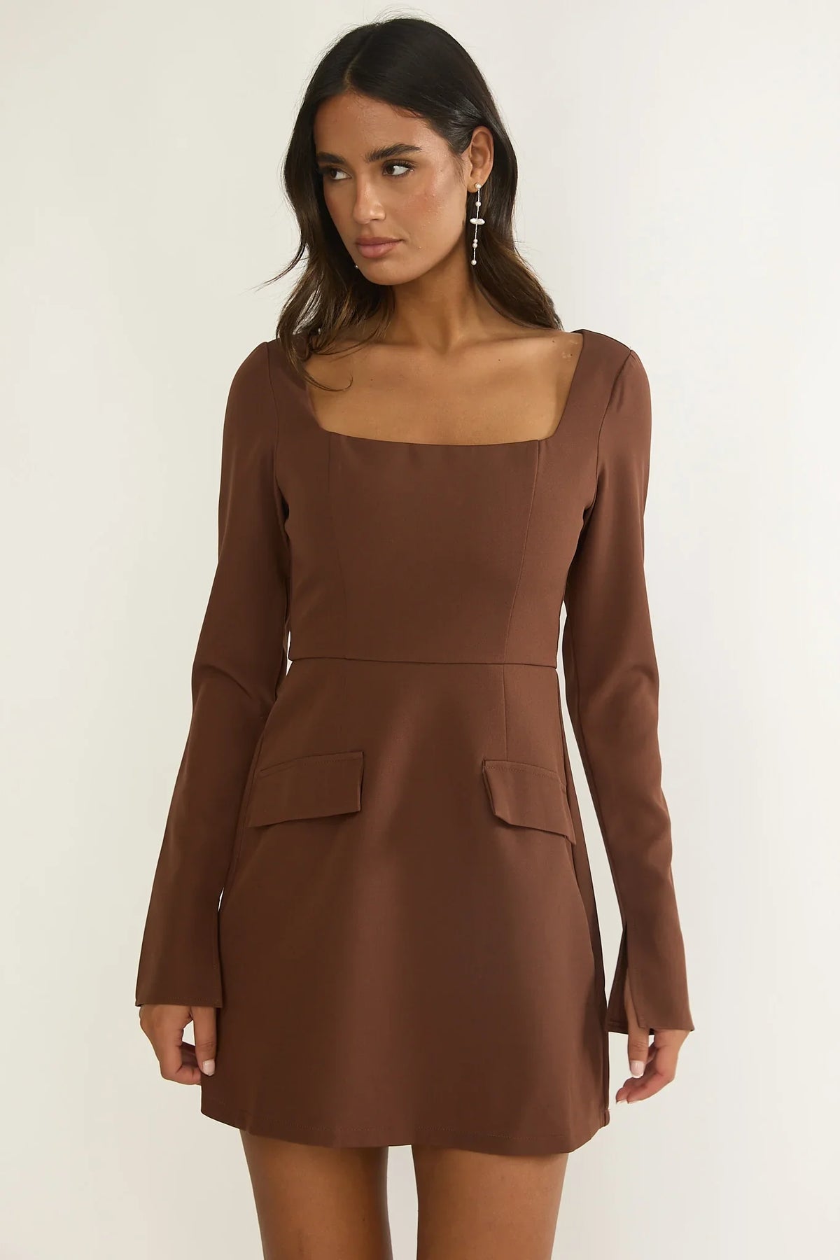 Calenne Long Sleeve Faux Pocket Mini Dress Coffee