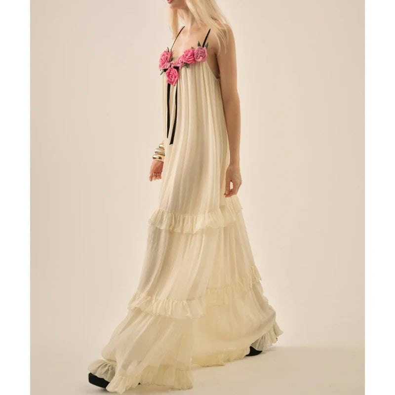 3D Floral Spaghett Strap Tiered Ruffle Maxi Dress
