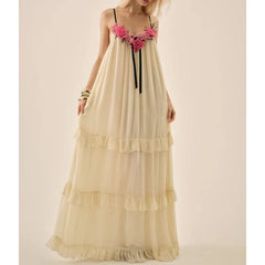3D Floral Spaghett Strap Tiered Ruffle Maxi Dress