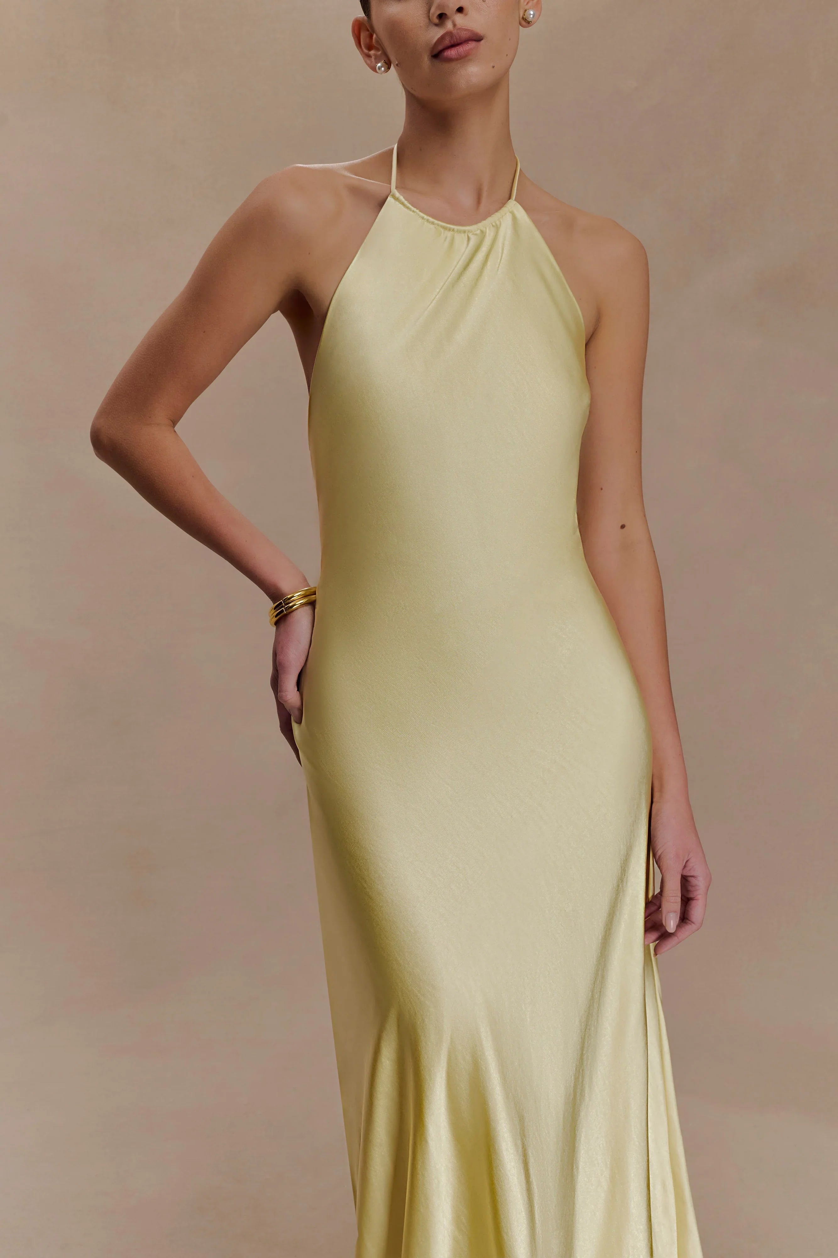 Bella Satin Halter Maxi Dress - Lemon