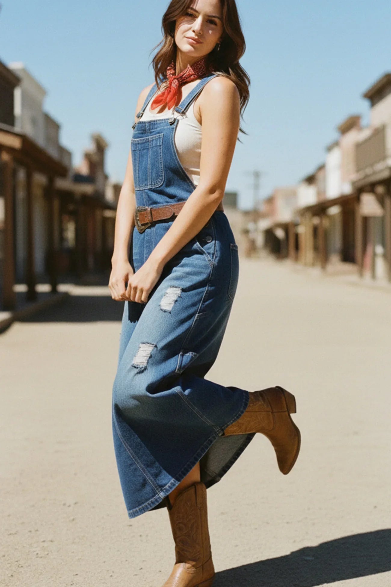 Distress Denim Overall Dress