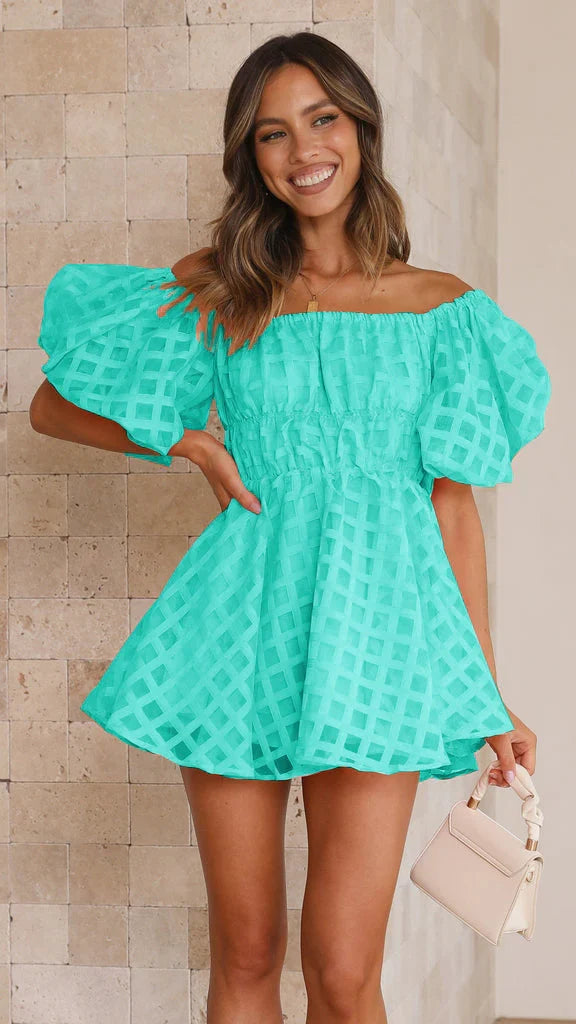 Backless off Shoulder Puff Sleeve High Waist Short Dress for